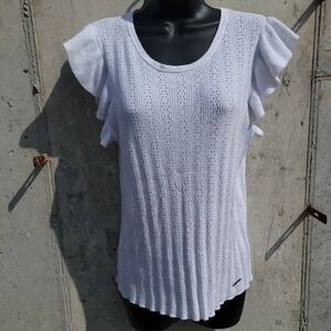 T-Tahari White Ruffle Sleeve Tank Top Crochet